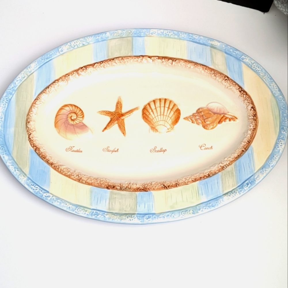 Large Oval Ceramic Platter MWW Market Seashells By The Seashore Raised Shells